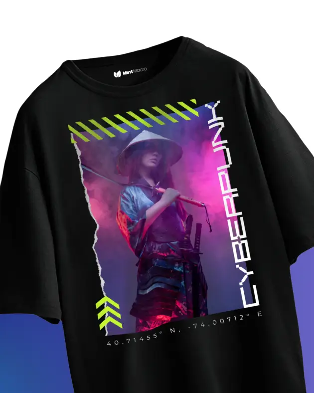 Oversized T-shirt laid flat featuring a cyberpunk-themed design with a samurai-inspired figure standing in a futuristic setting, on a neutral background