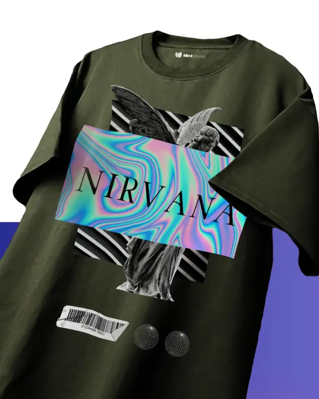 Oversized T-shirt laid flat featuring a classical statue graphic with the word 'Nirvana' printed beneath, on a clean background