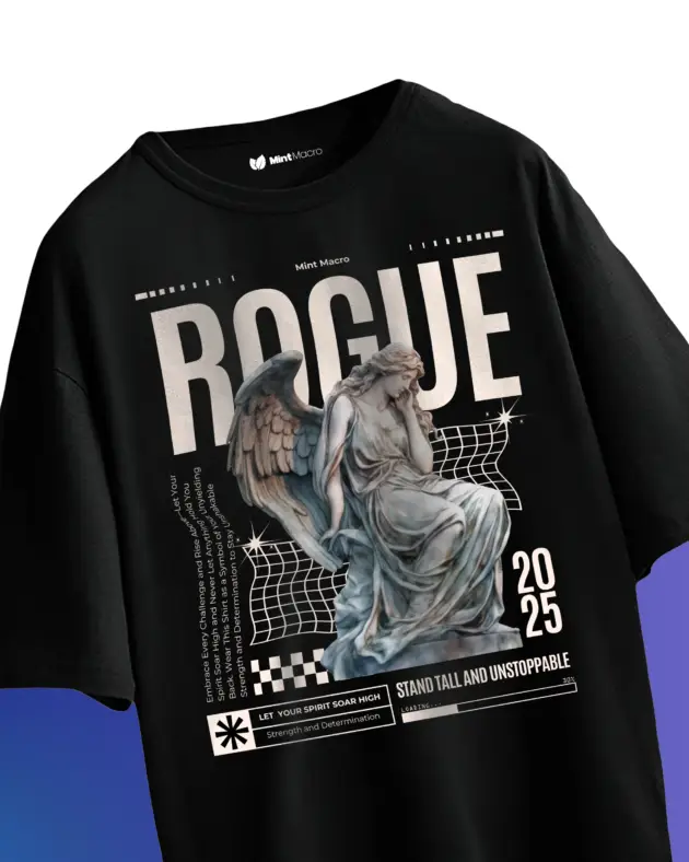 Oversized T-shirt laid flat featuring a statue graphic with the word 'Rogue' printed below, on a neutral background