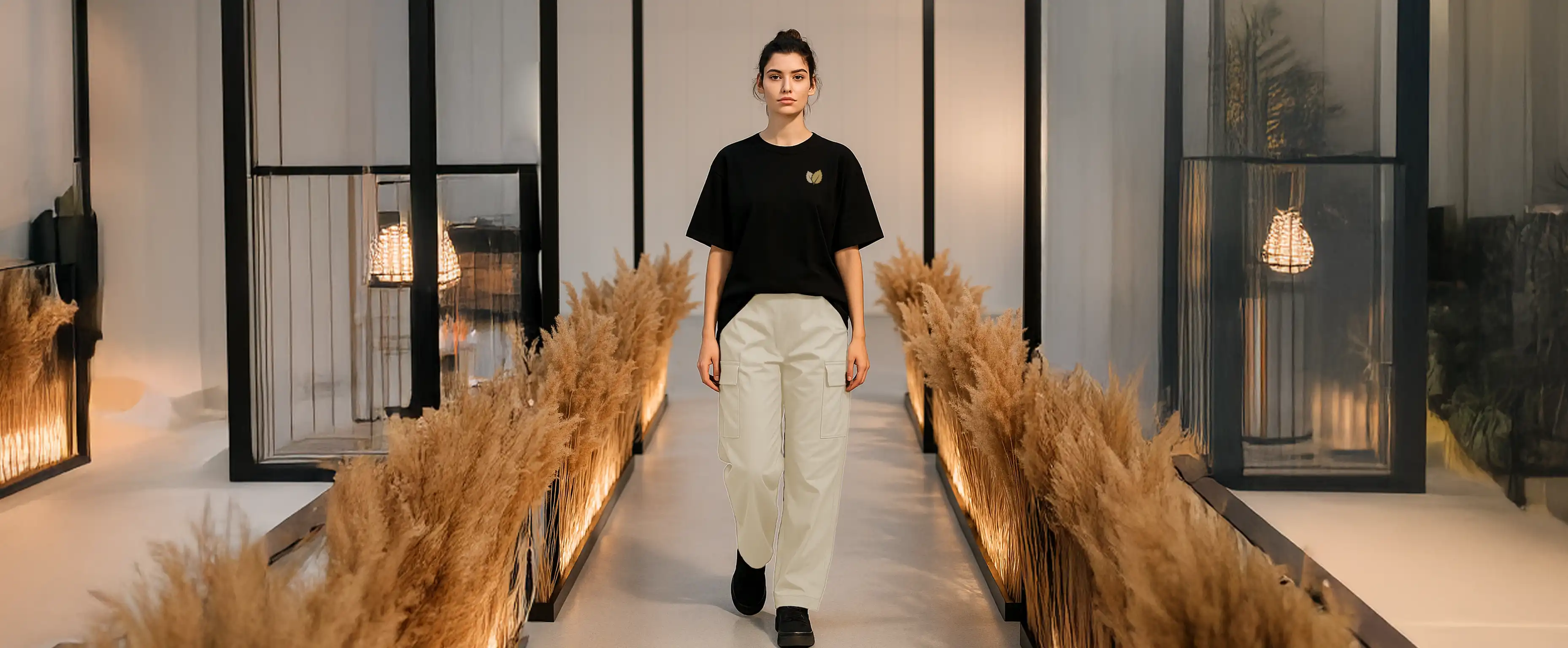 A young woman walking confidently down a runway wearing a black oversized T-shirt and beige cargo trousers, surrounded by pampas grass decor in a minimalist indoor setting