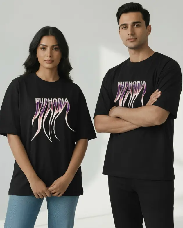 Mint macro Euphoria oversized black t-shirt with purple flame graphic print worn by man and woman – unisex streetwear Pakistan