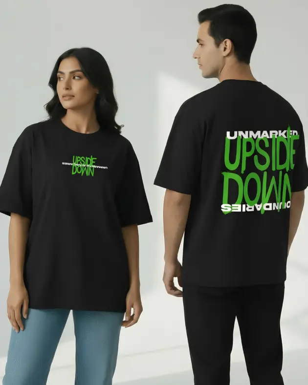 Upside Down oversized unisex graphic t-shirt in black with bold green print – Mintmacro Pakistan