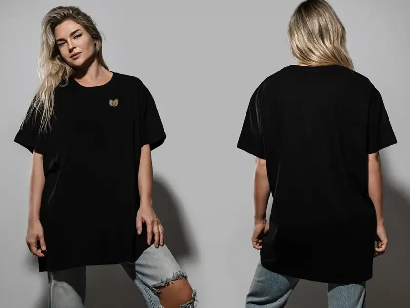 A dual-view image of a blonde woman wearing a long, oversized black t-shirt with a gold leaf logo on the chest and a plain back, paired with distressed jeans.