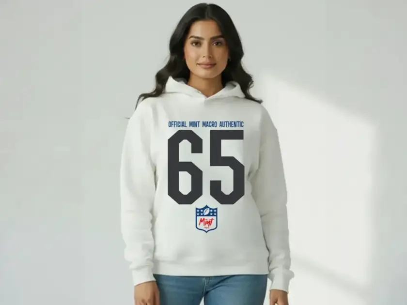 A woman modeling a white Mint Macro hoodie featuring a large black "65" on the front with athletic branding against a neutral grey studio background.