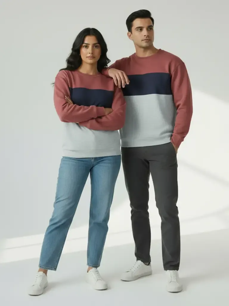 A man and woman modeling matching tri-color sweatshirts in mauve, navy, and light grey against a minimalist studio background.