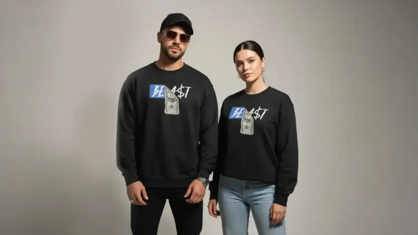 A man and woman wearing matching black crewneck sweatshirts with a blue and white "BEA$T" graphic featuring a dollar bill design.