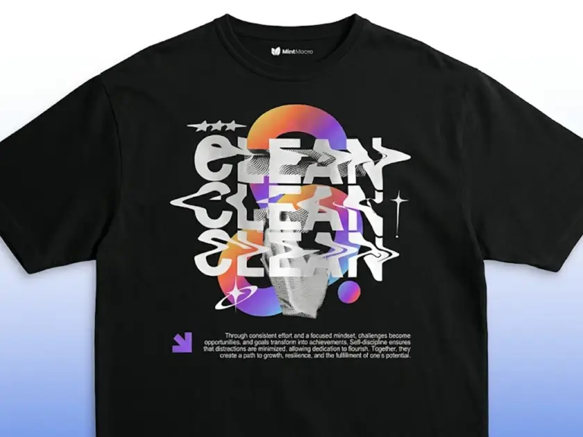 Mint Macro black streetwear t-shirt with a distorted white "CLEAN" graphic and colorful gradient abstract shapes.