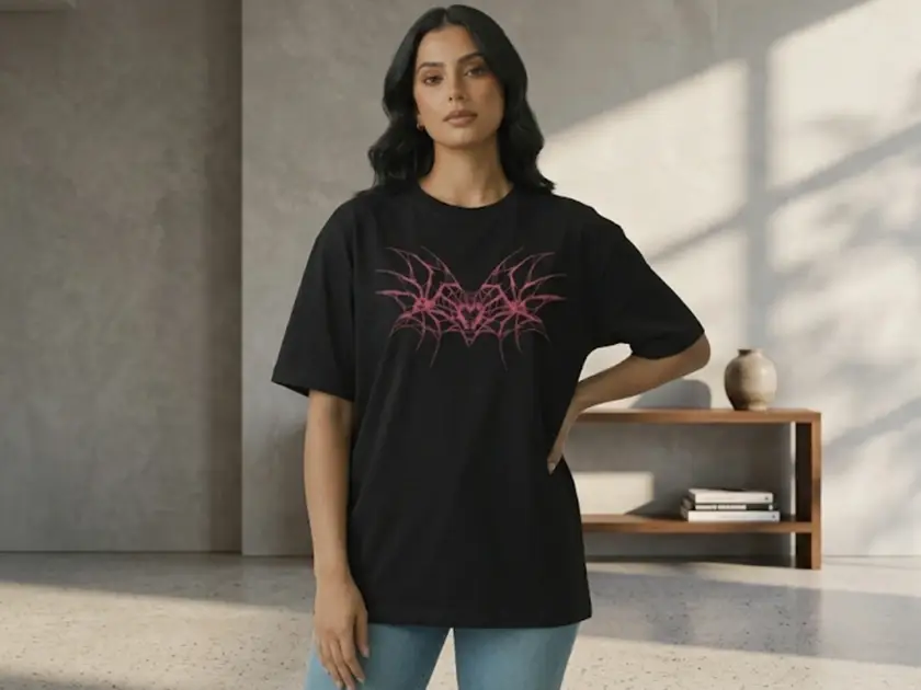 A woman posing in a black oversized streetwear t-shirt featuring a pink cyber-gothic wing graphic on the chest in a modern minimalist interior.