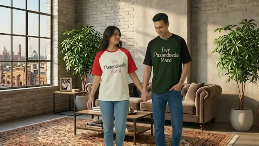A young man and woman holding hands in a modern industrial loft with a large window overlooking the Minar-e-Pakistan and Badshahi Mosque in Lahore. They are wearing matching raglan-style "Pasandeeda Aurat" and "Pasandeeda Mard" t-shirts.