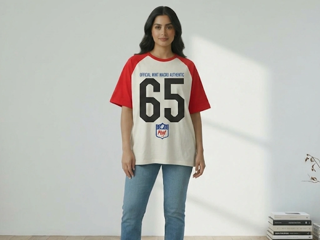 A woman wearing an oversized off-white raglan t-shirt with red sleeves, featuring a bold "65" graphic and "Official Mint Macro Authentic" text on the front.