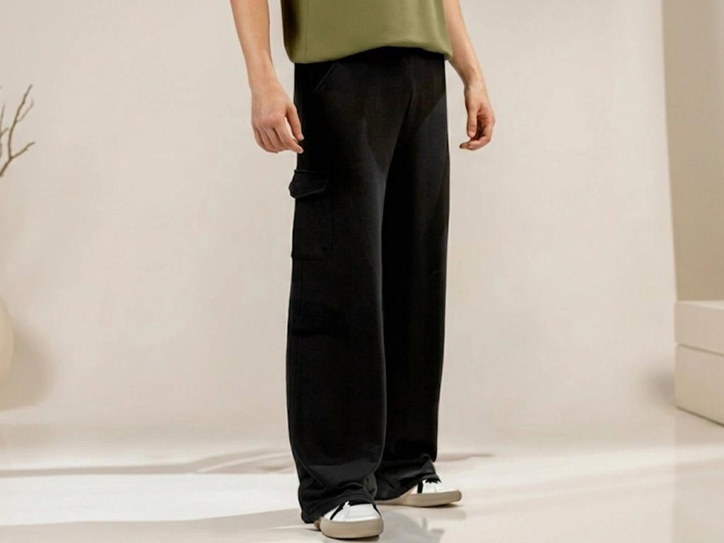 A person wearing oversized black cargo sweatpants and white sneakers, paired with an olive green t-shirt in a minimalist studio setting.