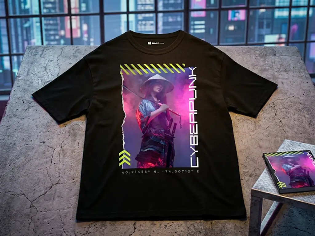 A black oversized streetwear t-shirt displayed on a stone surface. The shirt features a large rectangular graphic of a female samurai in a traditional hat holding a katana, set against a neon pink and purple haze. The word "CYBERPUNK" is printed vertically on the right, with yellow hazard stripes and geographic coordinates at the bottom.