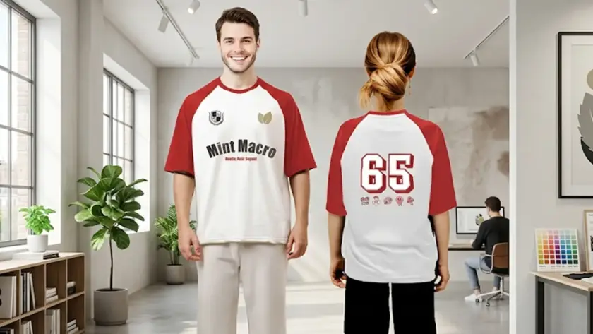 male and female model in a bright, modern studio presenting a red and white raglan-style "Mint Macro" t-shirt. The male model faces forward, showing the "Mint Macro" text and logo, while the female model faces away to show the number "65" and small icons on the back.