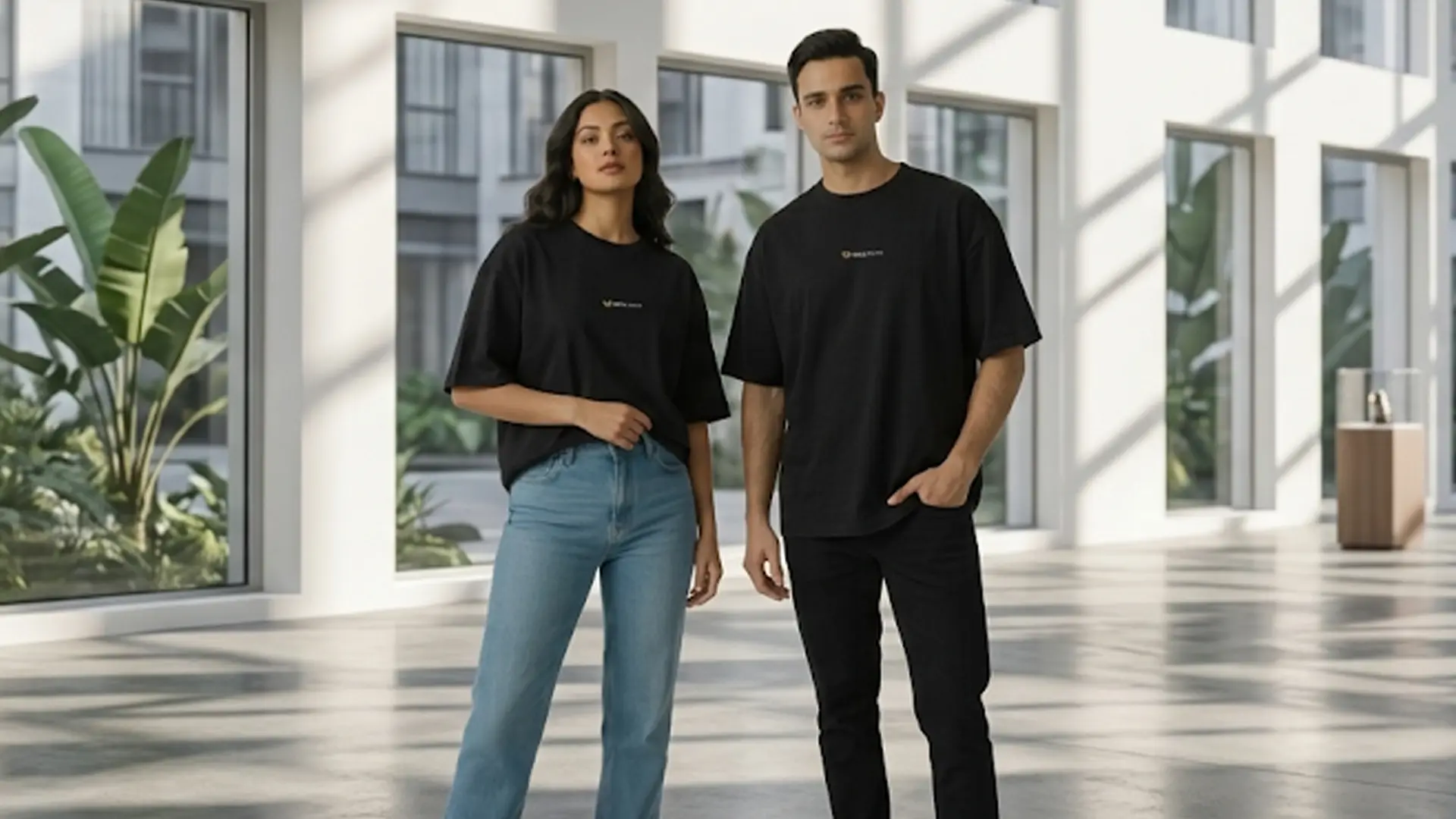 A male and female model posing in a bright, modern architectural space wearing matching black oversized t-shirts with a minimalist chest logo.