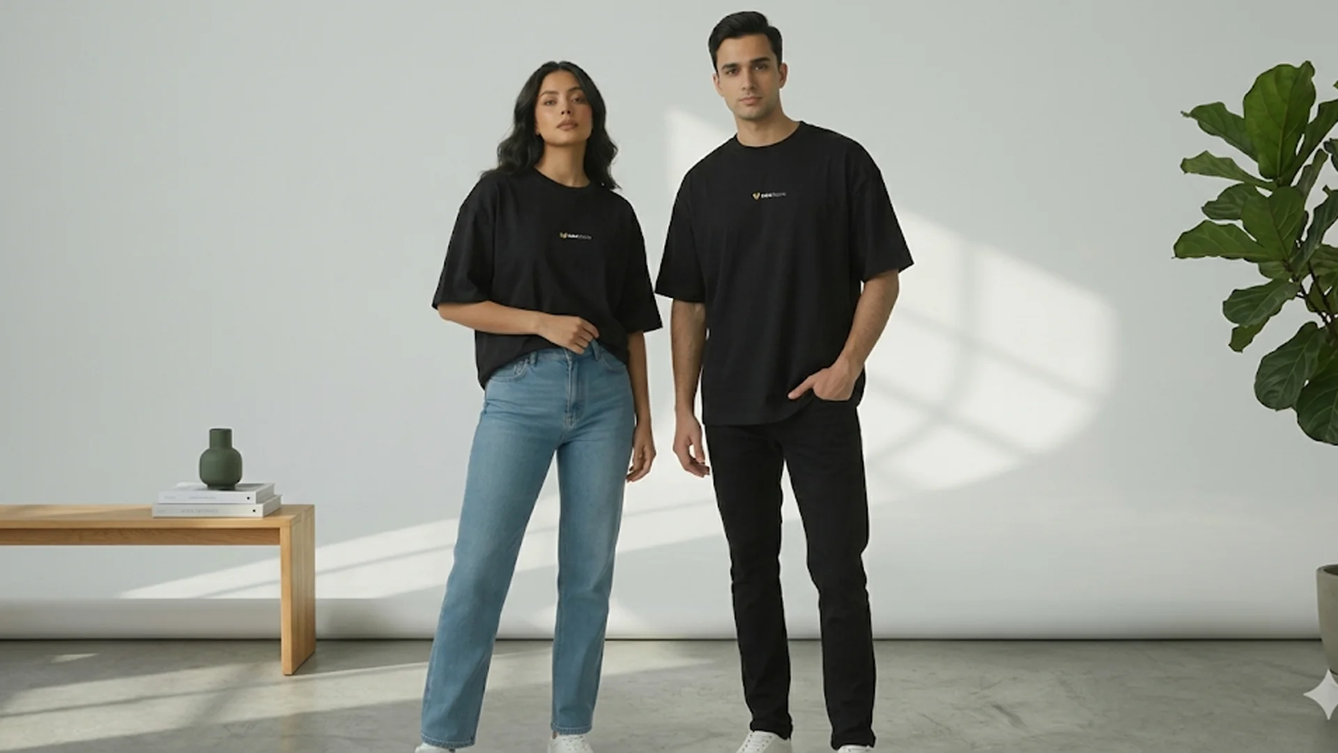 A male and female model standing side-by-side in a bright studio, both wearing oversized black t-shirts with a small central chest logo. The woman wears light blue jeans and the man wears black jeans.