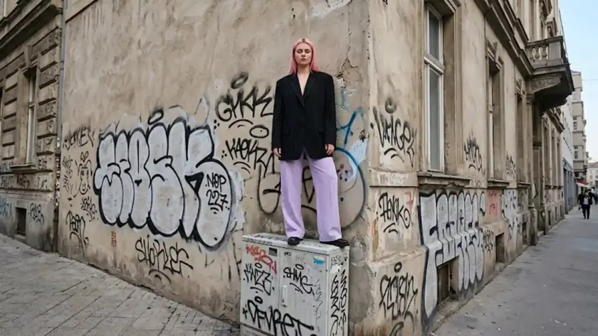 A person with pink hair standing on a graffiti-covered utility box on an urban street corner, wearing an oversized black pinstripe blazer and baggy light purple pants.