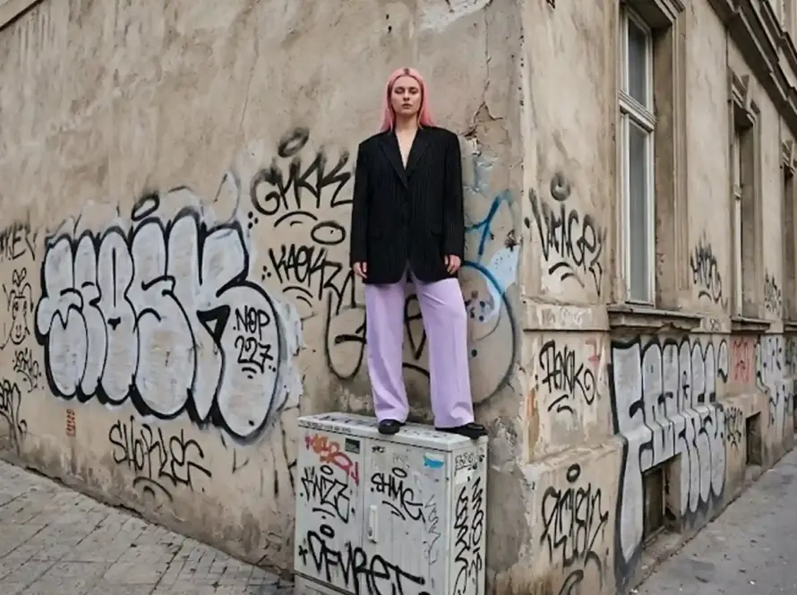 A person with pink hair standing on a graffiti-covered utility box on an urban street corner, wearing an oversized black pinstripe blazer and baggy light purple pants.