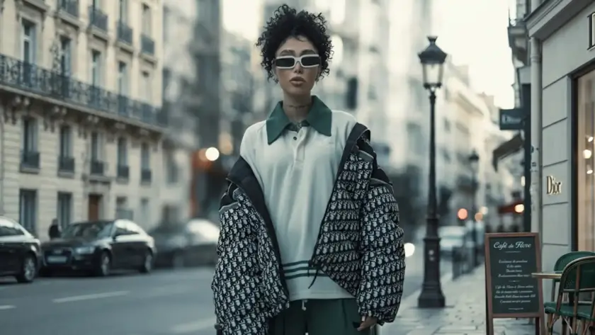 A landscape photograph of a woman with curly hair and tattoos in a Paris street, wearing a cream and green polo and a Dior logogram puffer jacket.