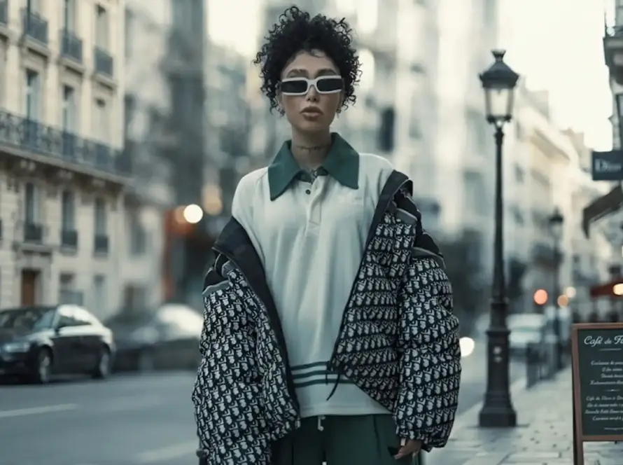 A landscape photograph of a woman with curly hair and tattoos in a Paris street, wearing a cream and green polo and a Dior logogram puffer jacket.