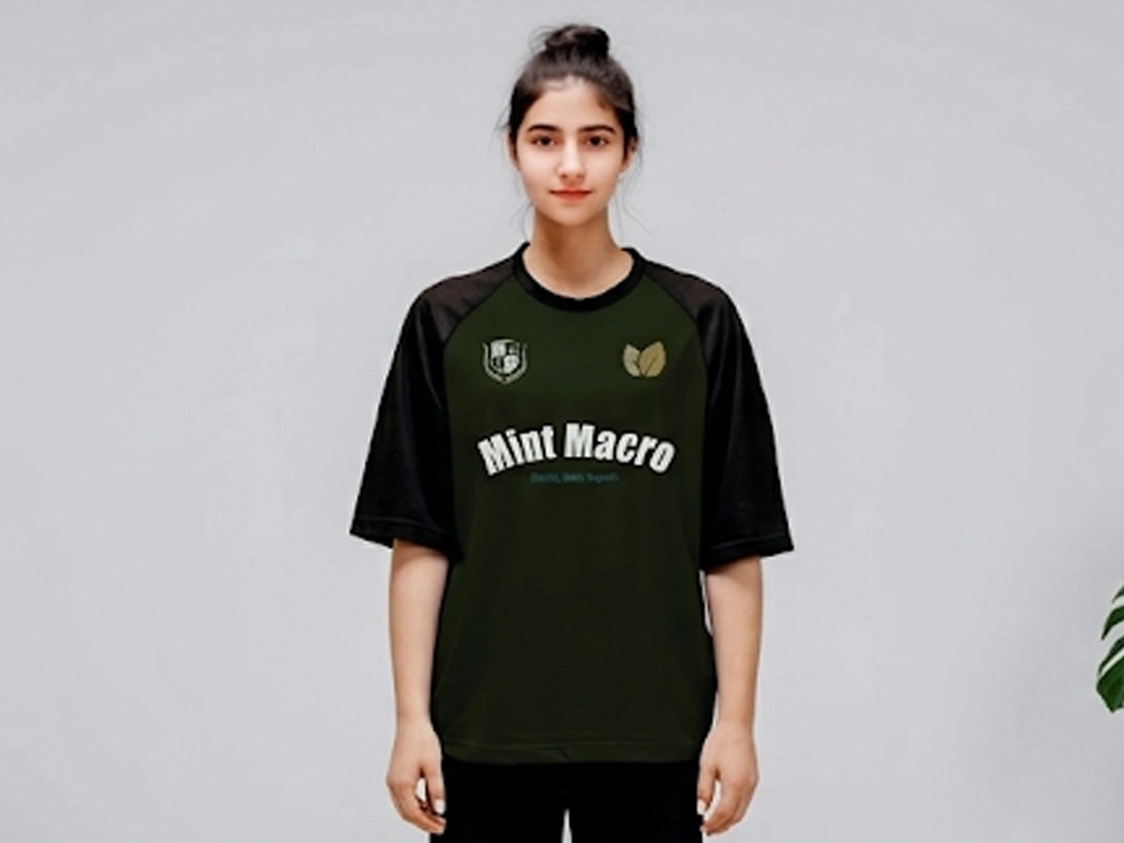 A young woman with her hair in a bun posing in an oversized, color-block Mint Macro streetwear t-shirt with dark green body panel, black raglan sleeves, and chest graphic logos.
