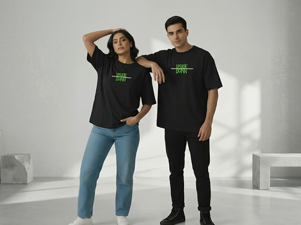 A man and a woman posing in matching black oversized t-shirts featuring a green graphic design that says "UPSIDE DOWN."