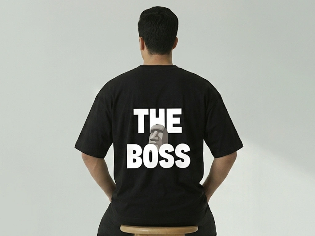 A man seen from behind sitting on a wooden stool, wearing a black t-shirt that reads "THE BOSS" with a Moai statue emoji replacing the letter O, centered in a wide landscape shot next to a wooden table.