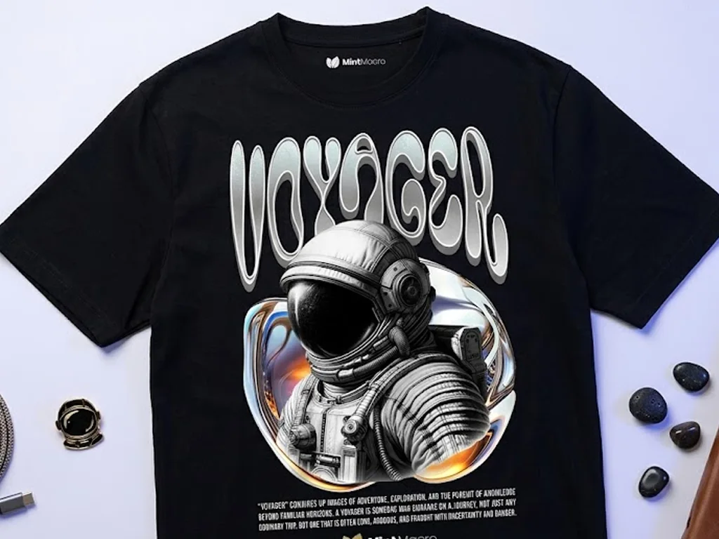 A flat lay of a black t-shirt featuring a detailed graphic of an astronaut in a spacesuit, positioned beneath large, stylized metallic text reading "VOYAGER".