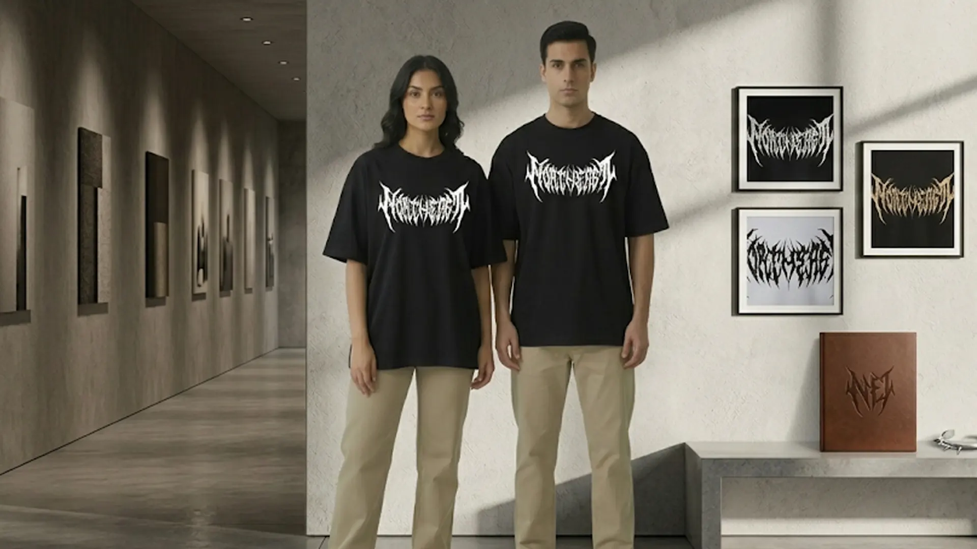 A man and a woman standing side-by-side in an art gallery, wearing oversized black t-shirts featuring a sharp, spiky white heavy metal font graphic across the chest, paired with beige trousers.