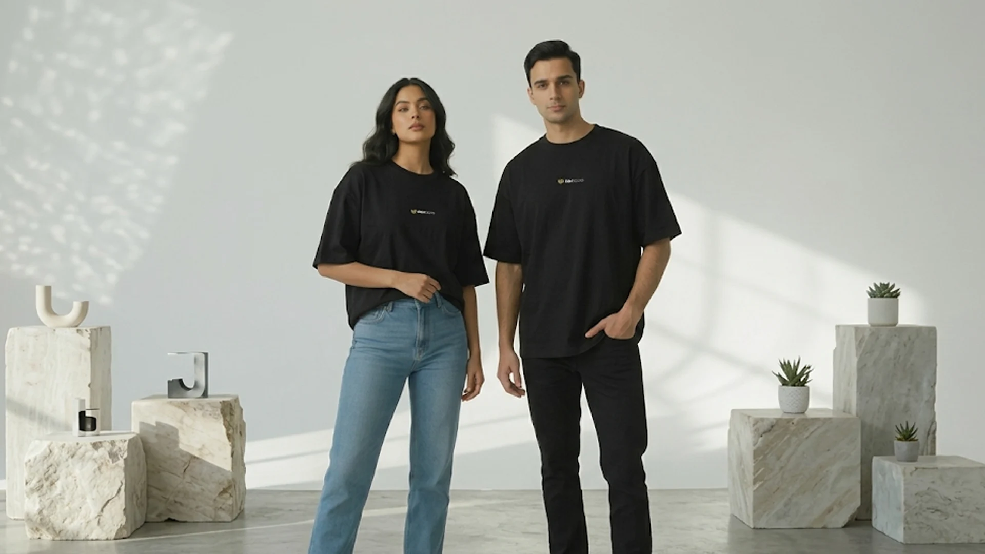 A man and a woman posing side-by-side in matching oversized black t-shirts with a small chest logo, set against a bright minimalist studio background.