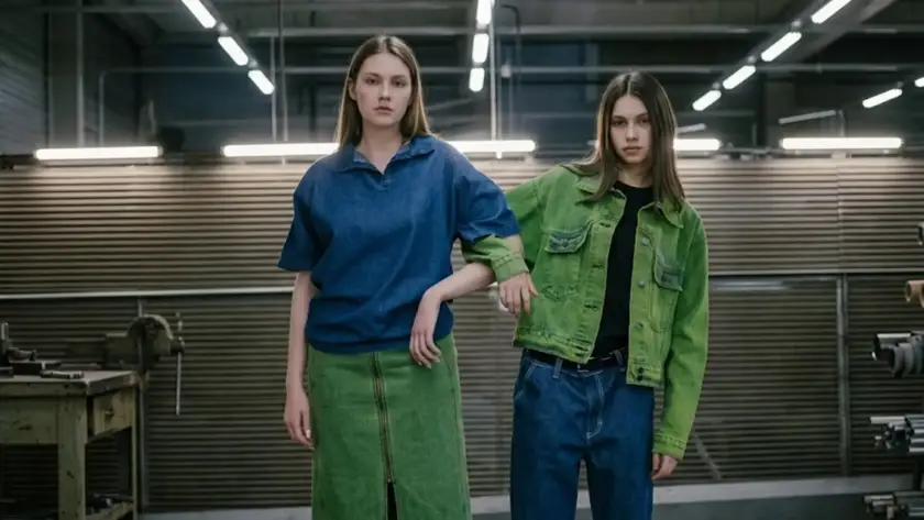 Two young women posing in oversized denim streetwear, one in a blue short-sleeve polo and green denim skirt, the other in a green denim jacket and jeans, inside an industrial workshop setting.