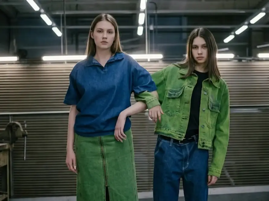 Two young women posing in oversized denim streetwear, one in a blue short-sleeve polo and green denim skirt, the other in a green denim jacket and jeans, inside an industrial workshop setting.