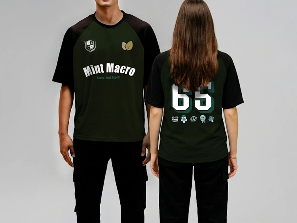 A landscape photo showcasing the front and back design of a custom green and black raglan t-shirt worn by a man and a woman against a solid light gray background.