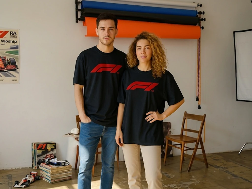A man and a woman stand side-by-side in a photography studio wearing matching oversized black t-shirts featuring the red F1 logo across the chest. The wide shot reveals studio lighting gear, a backdrop roll, and F1 memorabilia.