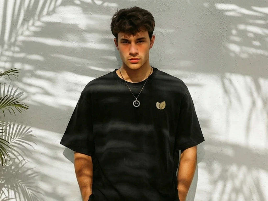 A male model wearing a black oversized t-shirt with a gold leaf logo, a silver ring necklace, leaning against a white textured wall with palm leaf shadows.