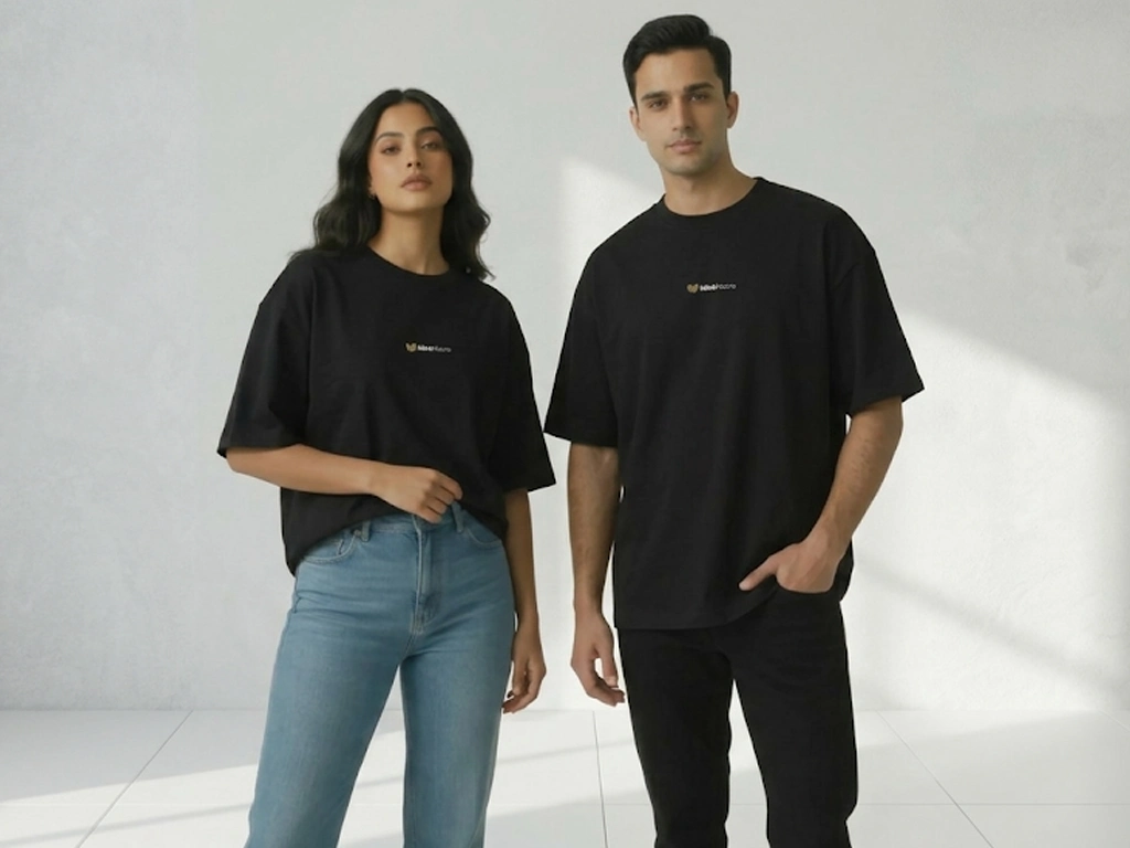 A man and a woman standing side-by-side in a bright, minimalist studio, modeling matching oversized black t-shirts with a small central chest logo.