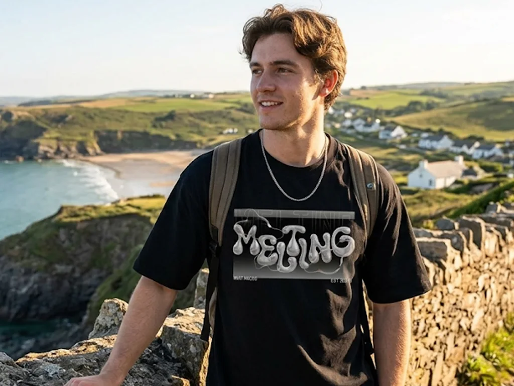 A young man stands next to a rustic stone wall overlooking a sweeping coastal landscape with a sandy beach and green hills in the image image 3 shery copy.webp. He is wearing a black streetwear t-shirt featuring a prominent chrome, liquid-style graphic that reads "MELTING" across the chest.