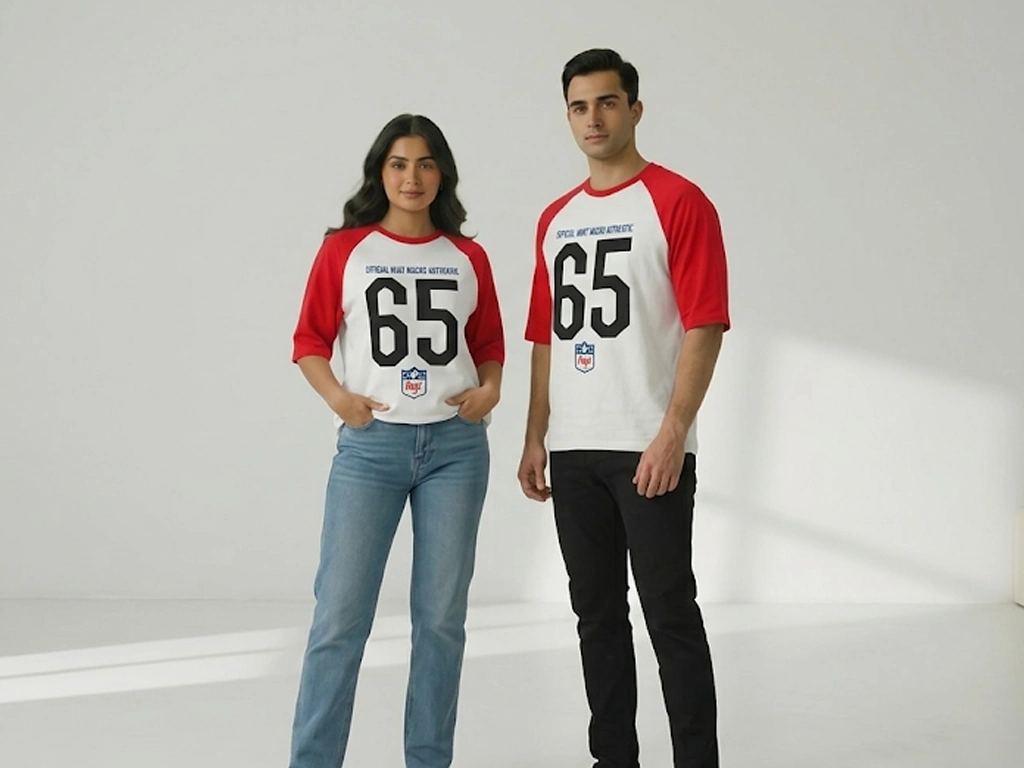A woman and a man stand posing side-by-side in a wide, sunlit minimalist studio. Both wear identical vintage-style baseball shirts with white bodies, red sleeves, and the number "65" printed on the chest. The woman wears blue jeans and has her hands in her pockets, while the man wears black jeans.