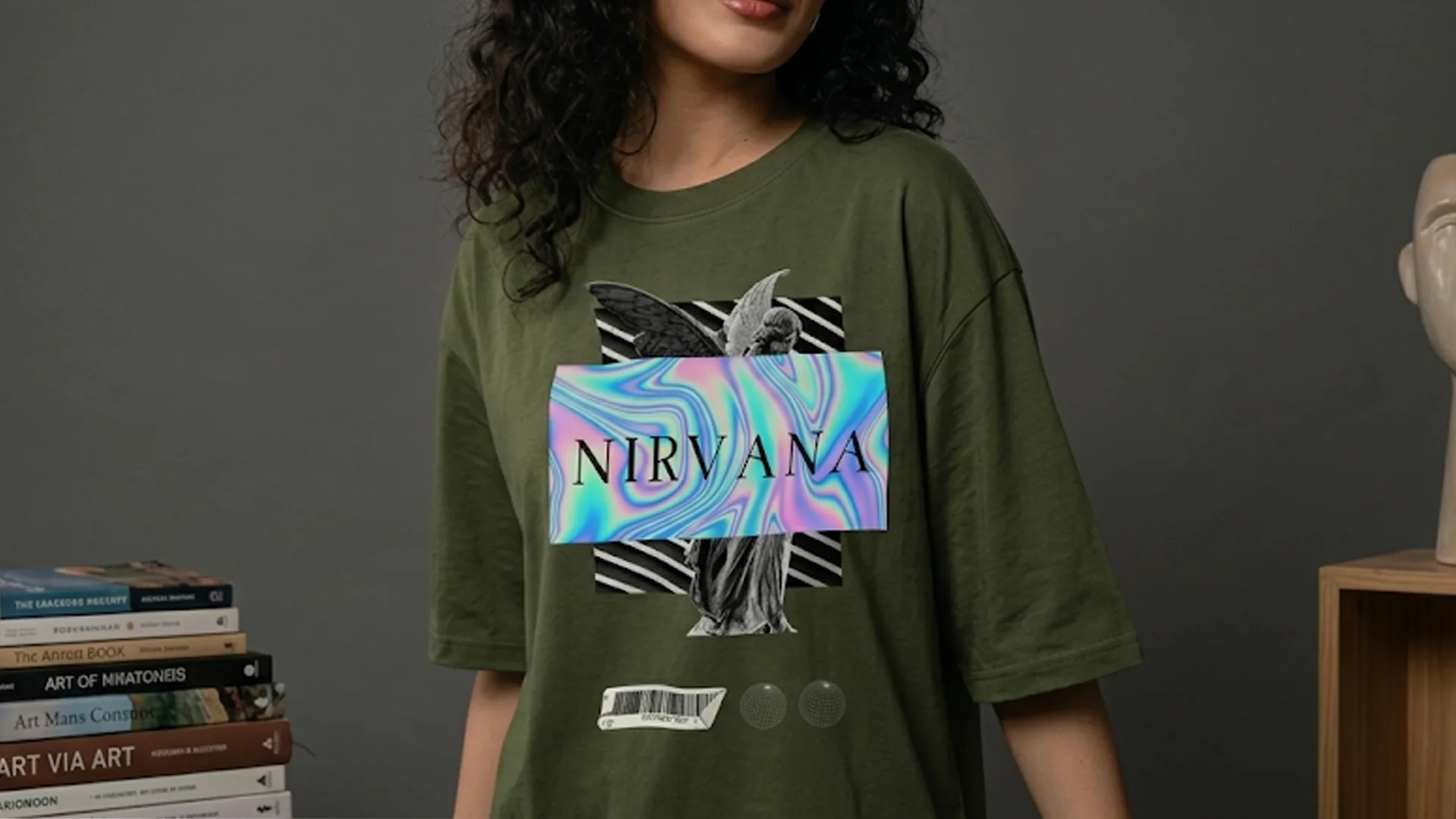 A woman stands against a grey wall, turning to look over her shoulder. She wears an olive green t-shirt with a complex graphic design featuring a classical sculpture, diagonal stripes, and the word "NIRVANA" on a holographic background. The background features a stack of books and a sculptural face on a stand.
