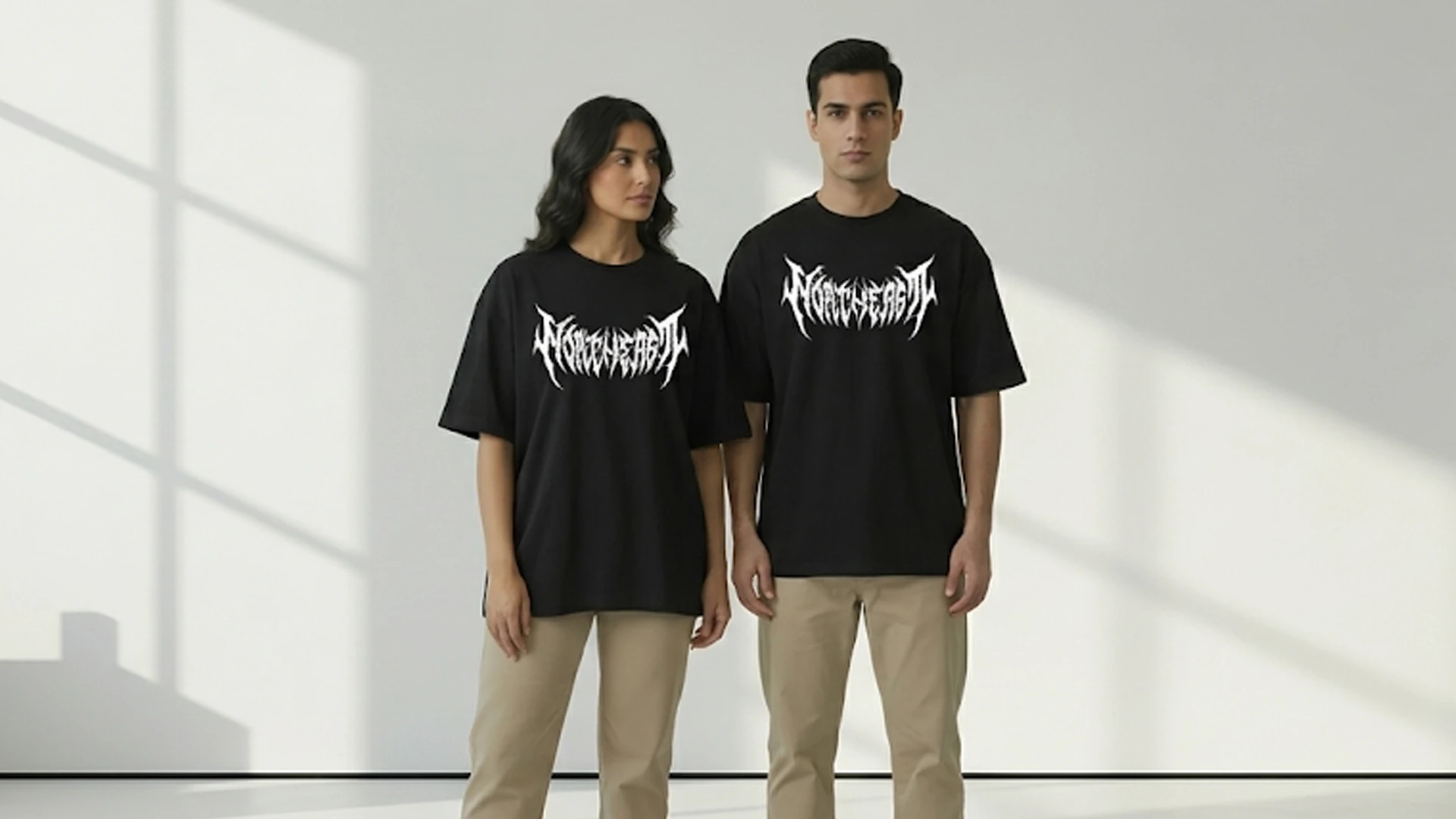 A man and a woman stand side-by-side in a spacious, sunlit minimalist studio in the image image. They are both wearing matching black oversized streetwear t-shirts featuring a sharp, spiky white graphic text across the chest, styled simply with relaxed-fit khaki trousers.