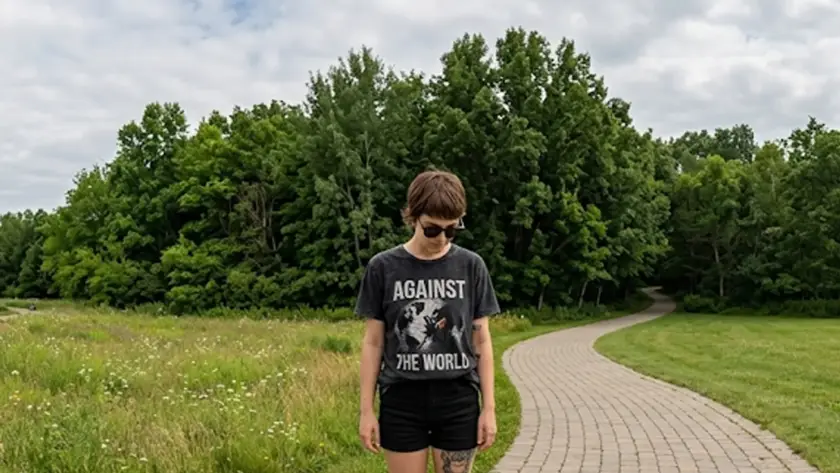 A wide landscape shot of a person standing on a curved stone paver path in a lush green park wearing a dark graphic t-shirt that says "AGAINST THE WORLD" and black shorts.