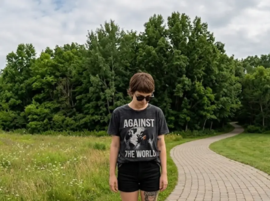 A wide landscape shot of a person standing on a curved stone paver path in a lush green park wearing a dark graphic t-shirt that says "AGAINST THE WORLD" and black shorts.