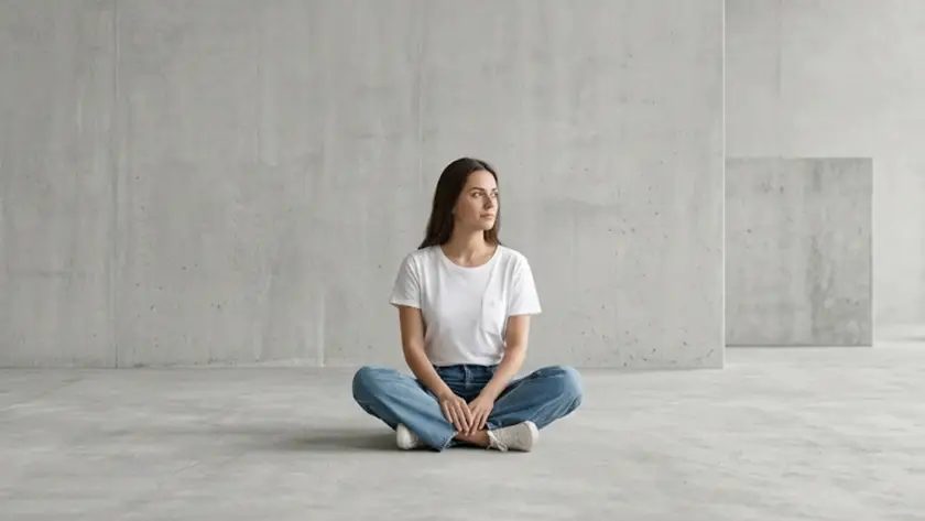 A wide landscape shot of a woman sitting cross-legged in the center of an expansive, minimalist concrete room wearing a classic white t-shirt with a small chest pocket and blue jeans.