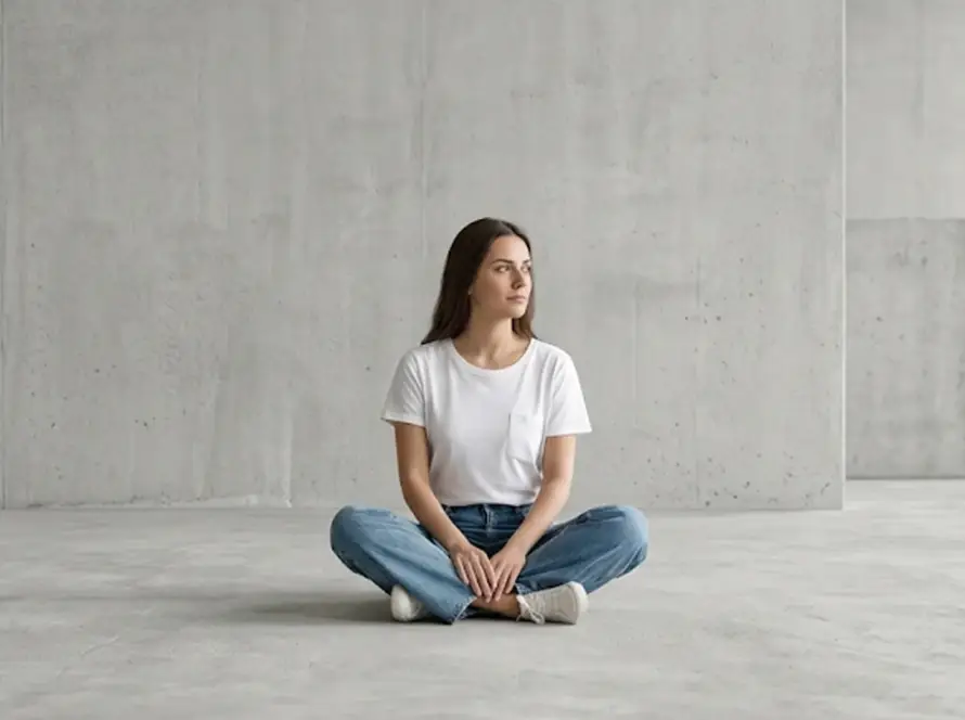 A wide landscape shot of a woman sitting cross-legged in the center of an expansive, minimalist concrete room wearing a classic white t-shirt with a small chest pocket and blue jeans.