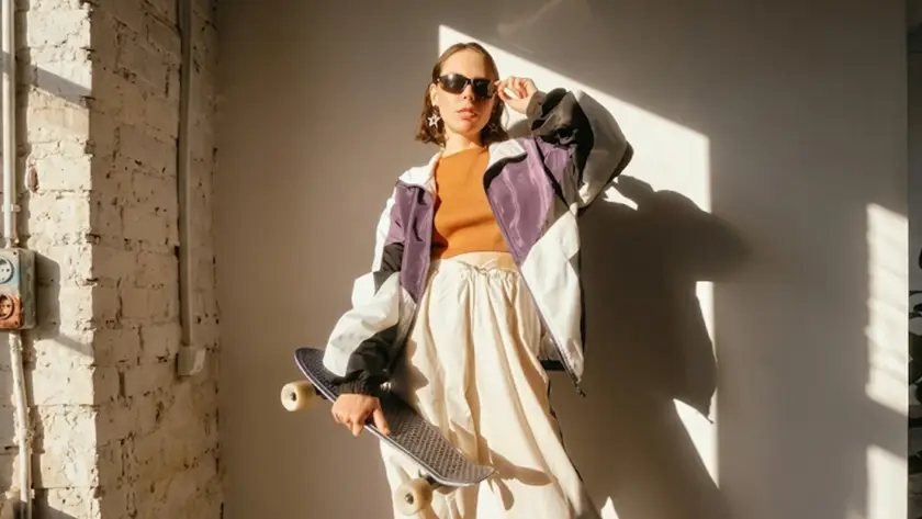 A wide landscape shot of a woman posing in a purple, black, and white color-blocked windbreaker, an orange crop top, and baggy white track pants while holding a black penny skateboard in a sunlit loft.