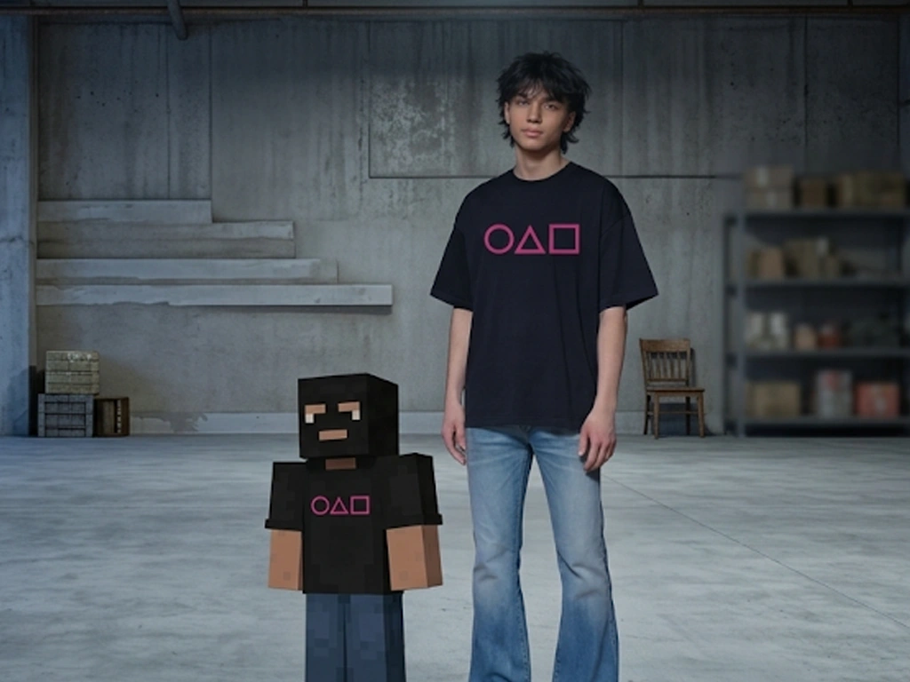 A young man in an oversized black t-shirt with pink circle, triangle, and square symbols stands next to a custom blocky gaming avatar wearing the identical outfit in a concrete industrial room.