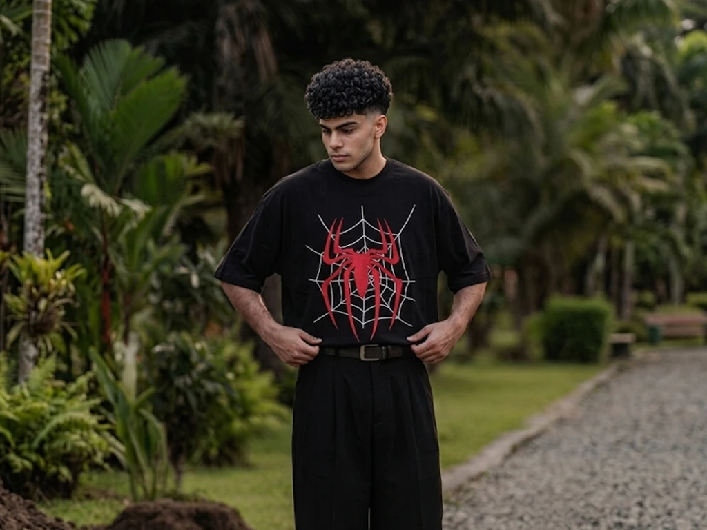 A wide landscape shot of a young man with curly hair standing on a gravel path in a lush green park, wearing an oversized black t-shirt with a bold red spider and white web graphic tucked into black trousers.