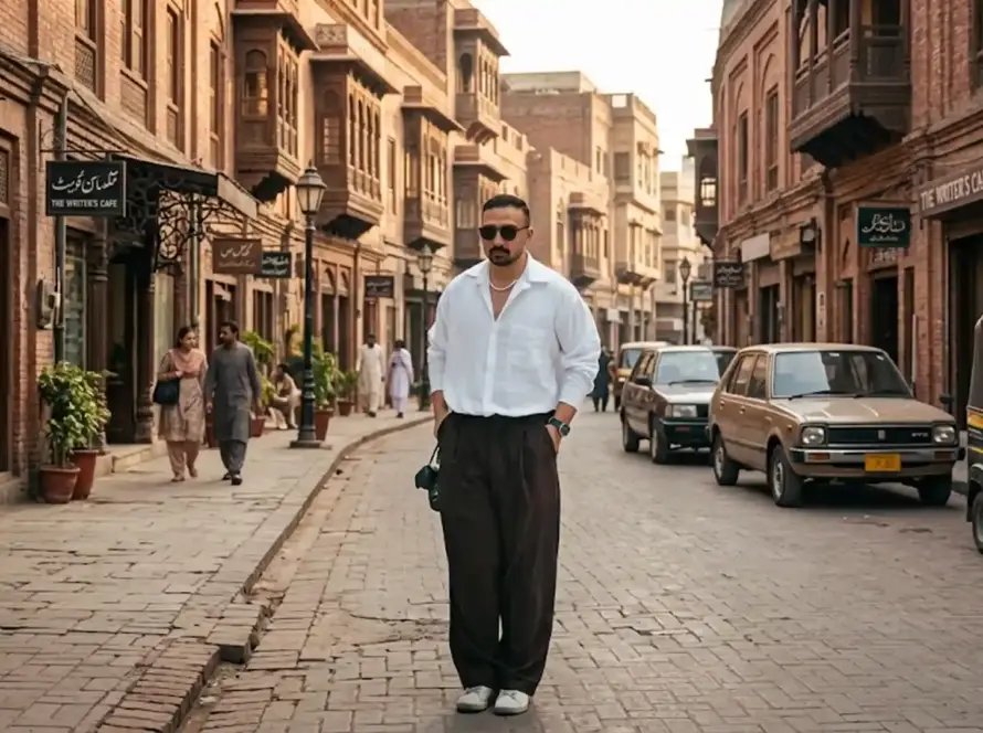 Man wearing sunglasses, a loose white shirt, and dark trousers walking along a historic red-brick Pakistani street lined with traditional architecture and vintage vehicles.